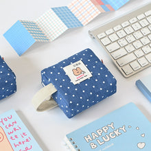 Load image into Gallery viewer, Monolike Happy and Lucky Denim Dot Cube Pouch, Blue - Makeup Bag, Cosmetic Bag, Travel Bag, Toiletry Bag, Organizer, Storage Bag