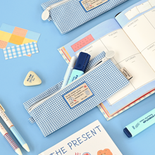 Load image into Gallery viewer, Monolike Unmatched Friends Picnic Check Pencil Case, Blue - Aesthetic Gingham Pastel Desk Organizer, Trendy Minimalist Stationery Pouch