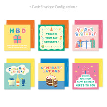 Load image into Gallery viewer, Monolike PAPER THINGS L , POP POP BIRTHDAY Ver.2 6P B SET - Greeting card, Folding card, Cards Assortment, Birthday, Thinking of You, 6 cards + 6envelopes, 135x135mm