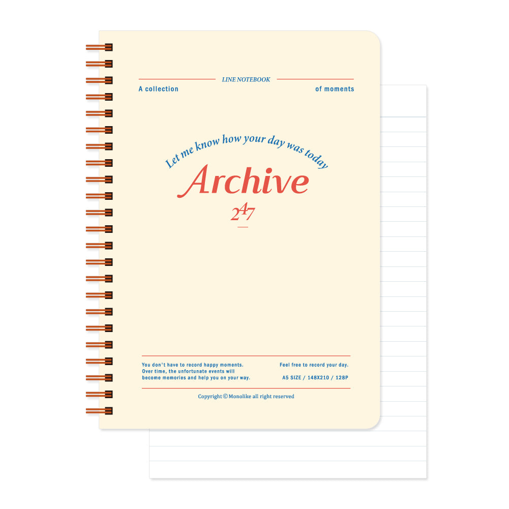Monolike Archive A5 Line Spiral Notebook, Ivory - Hardcover 5.83 x 8.27inch 128 Page