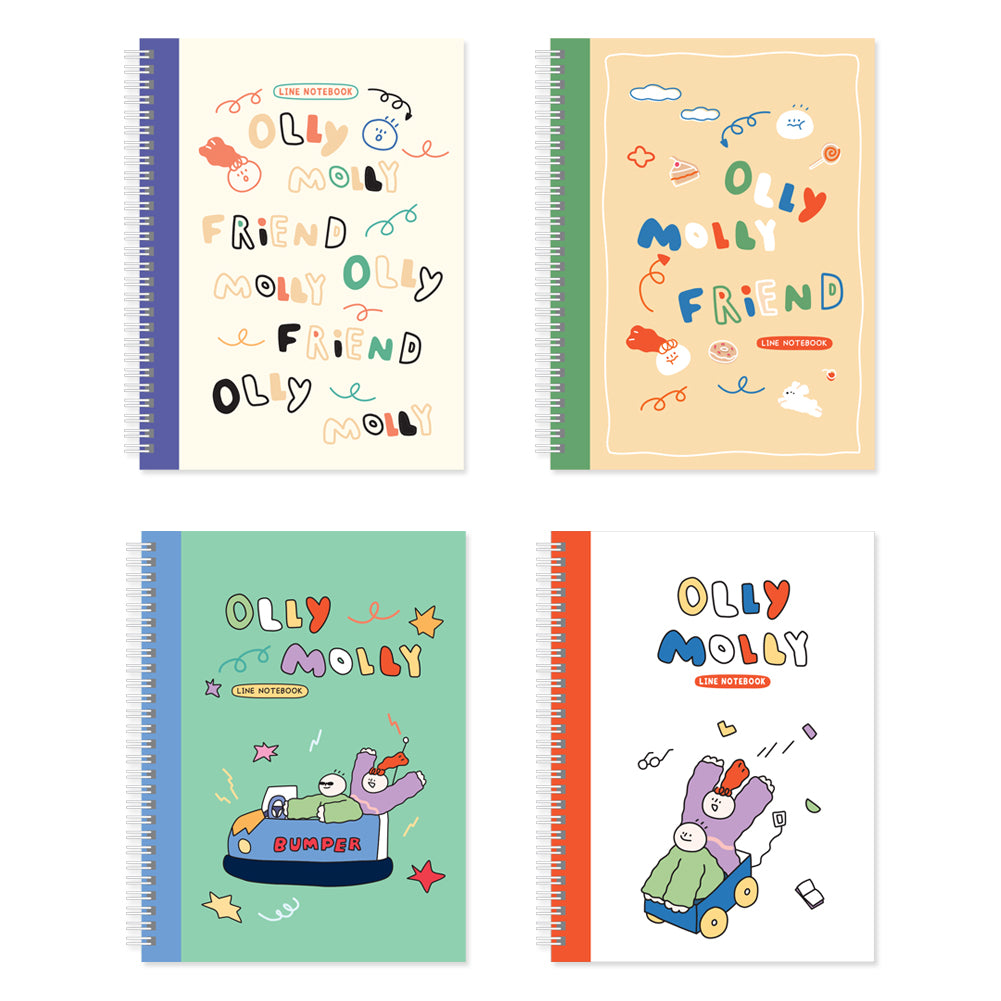 Monolike Spiral School Notebook, Olly Molly A 4P SET - 7.09 x 9.45inch, 98 Page, Academic Line Notebook
