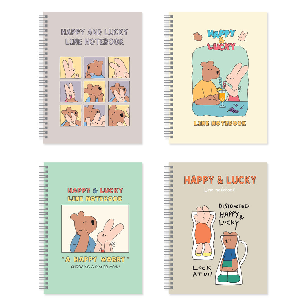 Monolike Spiral School Notebook, Happy and Lucky A 4P SET - 7.09 x 9.45inch, 98 Page, Academic Line Notebook