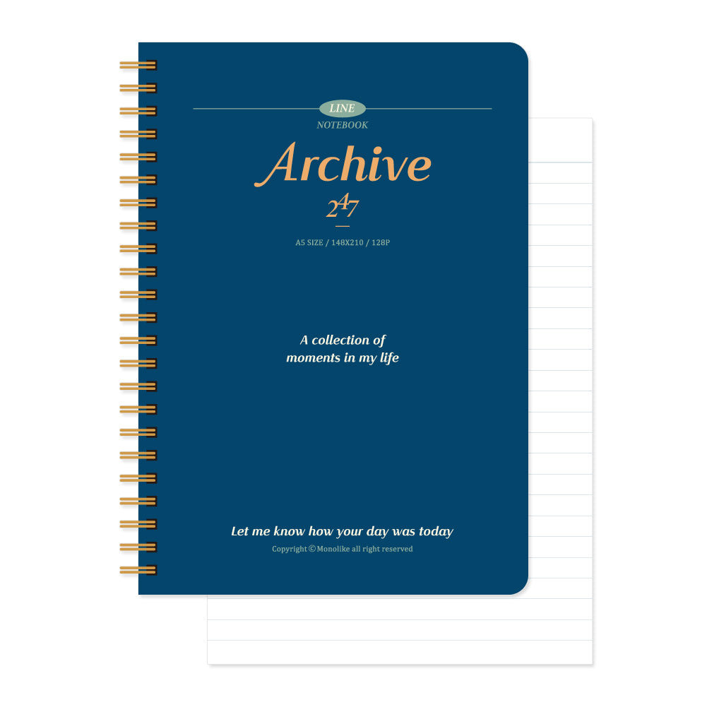 Monolike Archive A5 Line Spiral Notebook, Indigo - Hardcover 5.83 x 8.27inch 128 Page