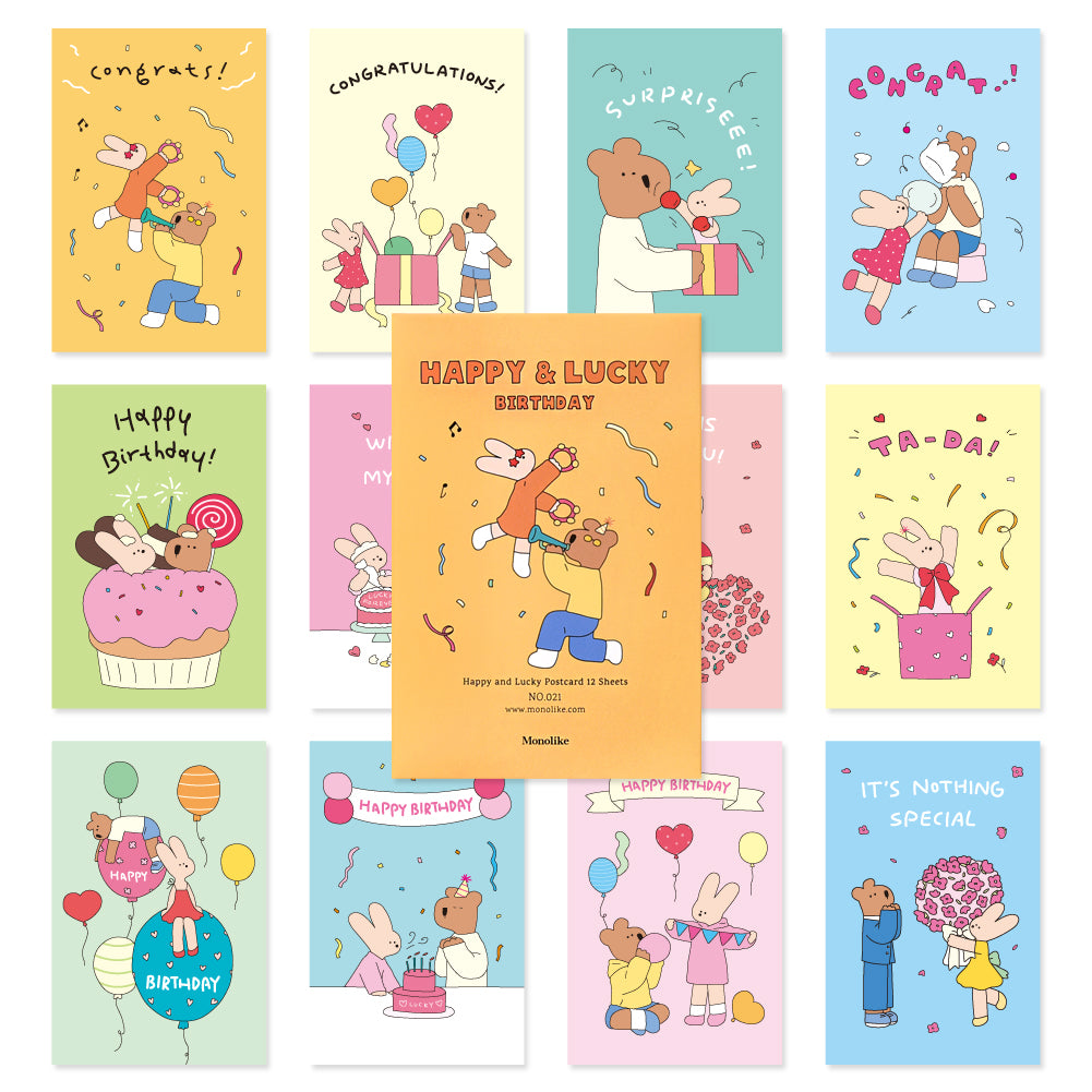 Monolike Happy and Lucky, Birthday Single card - mix 12 pack, greeting card, 3.9x5.8