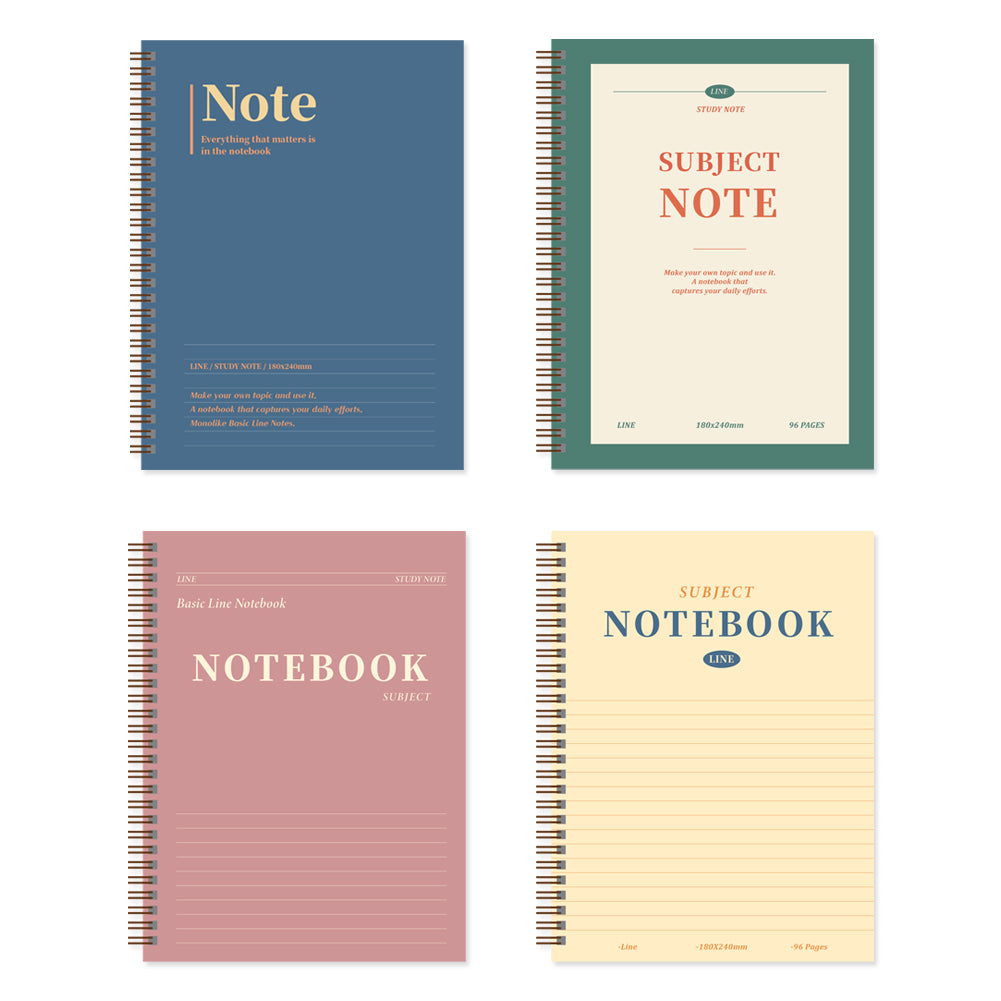Monolike Spiral School Notebook, Subject A 4P SET - 7.09 x 9.45inch, 98 Page, Academic Line Notebook