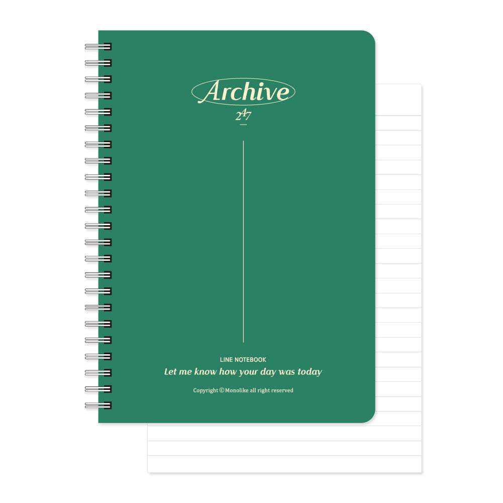 Monolike Archive A5 Line Spiral Notebook, Green - Hardcover 5.83 x 8.27inch 128 Page