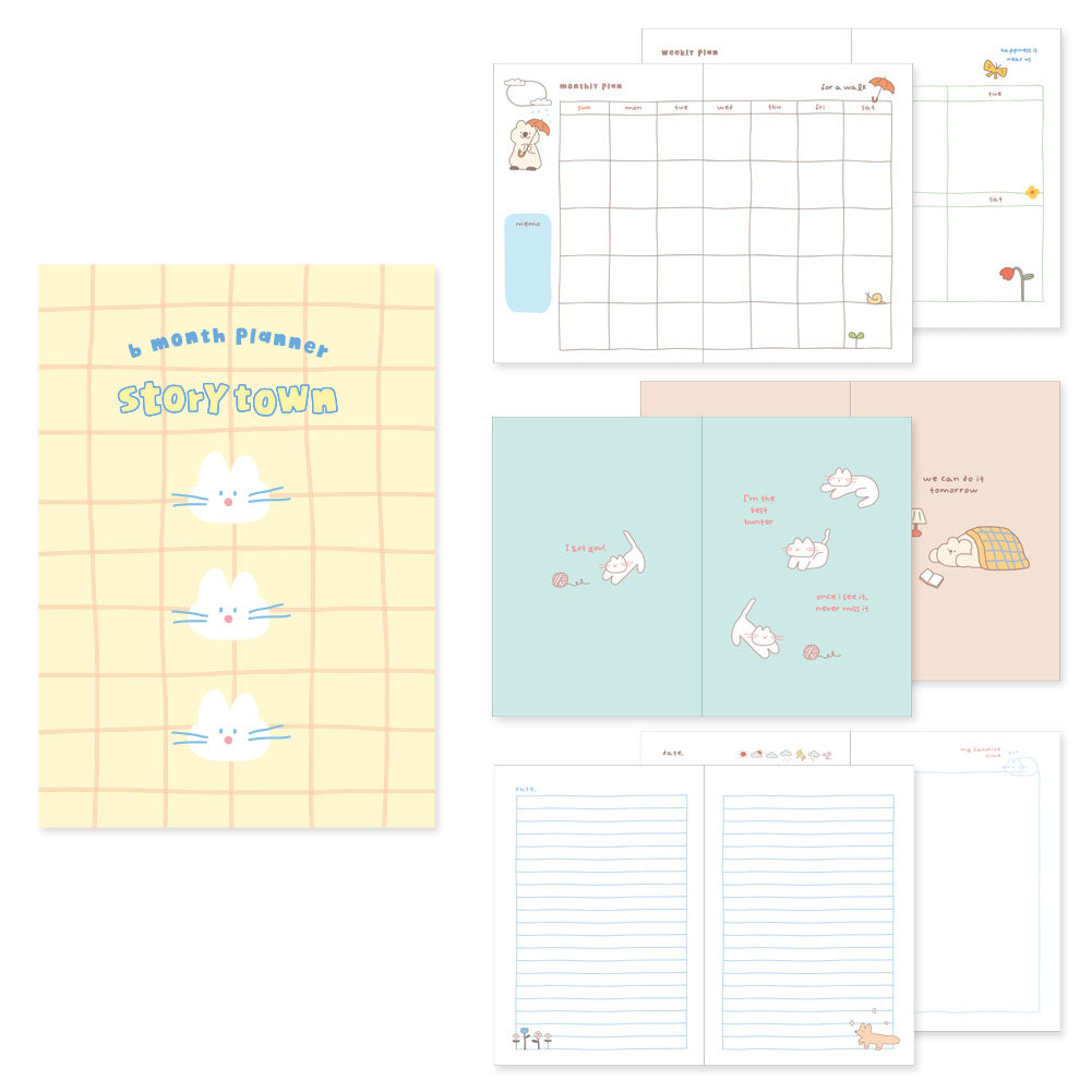 Monolike B6 Storytown Afternoon Diary 6 Month Planner, Emoji cat - Academic Planner, Weekly & Monthly Planner, Scheduler, Undated Planner, 128x182mm