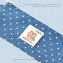 Load image into Gallery viewer, Monolike Happy and Lucky Denim Dot pen case, Blue - Slim Corduroy Style Cotton Pen Pouch, Cute Aesthetic Pastel Stationery Organizer for Office
