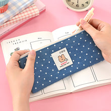 Load image into Gallery viewer, Monolike Happy and Lucky Denim Dot pen case, Blue - Slim Corduroy Style Cotton Pen Pouch, Cute Aesthetic Pastel Stationery Organizer for Office
