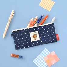 Load image into Gallery viewer, Monolike Happy and Lucky Denim Dot pen case, Navy - Slim Corduroy Style Cotton Pen Pouch, Cute Aesthetic Pastel Stationery Organizer for Office
