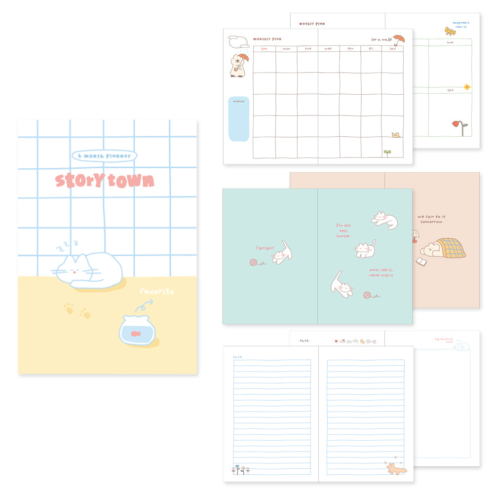 Monolike B6 Storytown Afternoon Diary 6 Month Planner, Fishbowl & cat - Academic Planner, Weekly & Monthly Planner, Scheduler, Undated Planner, 128x182mm