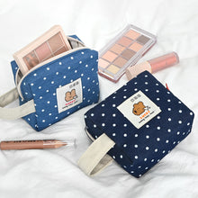 Load image into Gallery viewer, Monolike Happy and Lucky Denim Dot Cube Pouch, Navy - Makeup Bag, Cosmetic Bag, Travel Bag, Toiletry Bag, Organizer, Storage Bag
