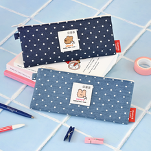 Load image into Gallery viewer, Monolike Happy and Lucky Denim Dot pen case, Navy - Slim Corduroy Style Cotton Pen Pouch, Cute Aesthetic Pastel Stationery Organizer for Office
