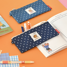 Load image into Gallery viewer, Monolike Happy and Lucky Denim Dot pen case, Navy - Slim Corduroy Style Cotton Pen Pouch, Cute Aesthetic Pastel Stationery Organizer for Office
