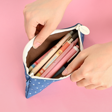 Load image into Gallery viewer, Monolike Happy and Lucky Denim Dot pen case, Navy - Slim Corduroy Style Cotton Pen Pouch, Cute Aesthetic Pastel Stationery Organizer for Office
