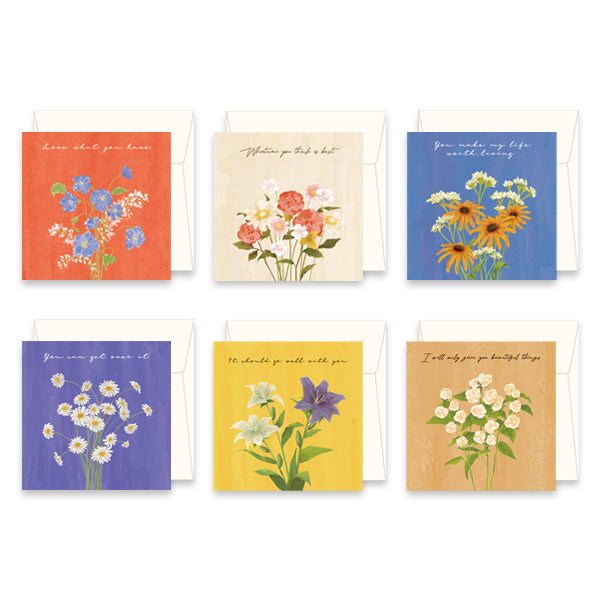 Monolike PAPER THINGS L, Olivia's Flowers 6P D SET - Greeting card, Folding card, Cards Assortment, Birthday, Thinking of You, 6 cards + 6envelopes, 135x135mm