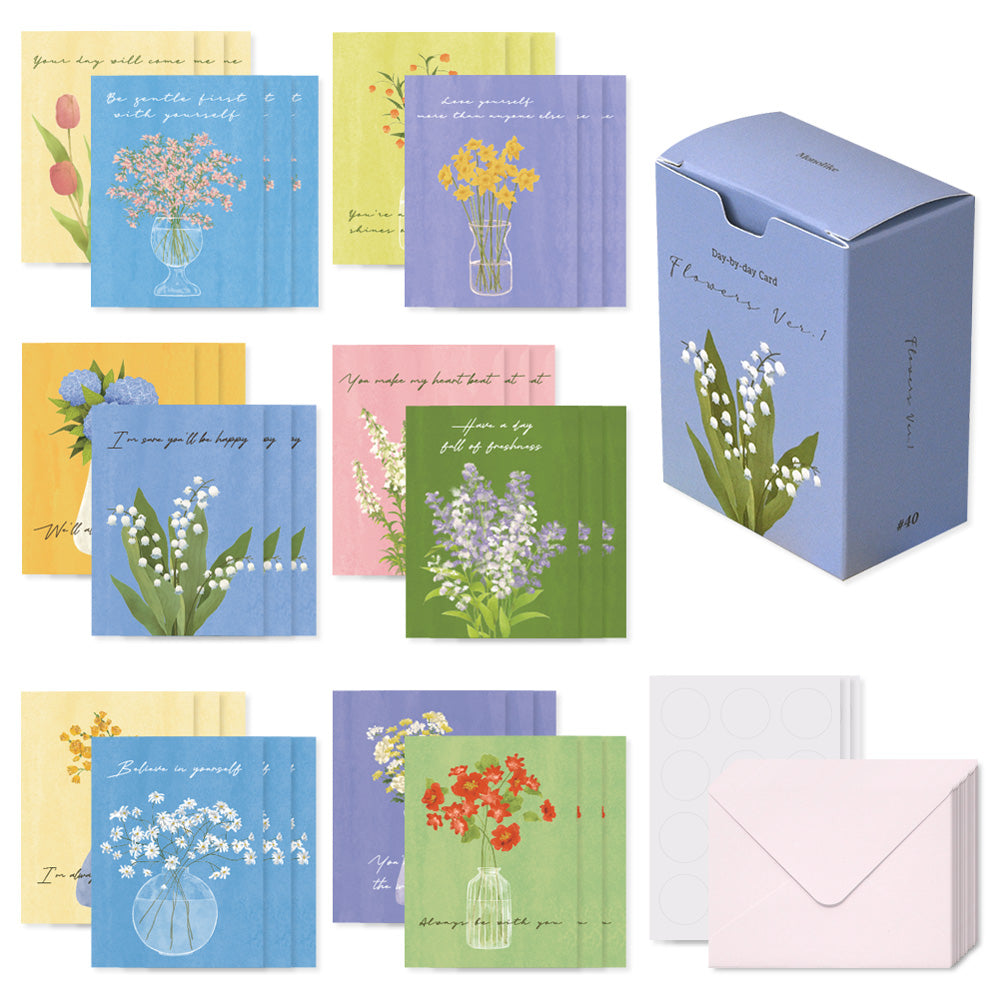 Monolike Day-by-day Card, Olivia’s Flowers Ver.1 - Mix 36 Mini Postcards, 36 envelopes, 36 stickers Package