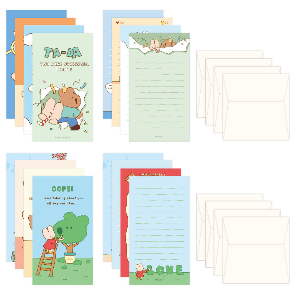 Monolike Happy and Lucky Littles Series.1 Mini Letter Paper and Envelopes Set - 8Type, 32 Letter Paper + 16 Envelopes