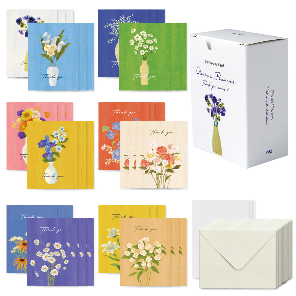 Monolike Day-by-day Card, Thank you - Olivia's Flowers Series.2 - Mix 36 Mini Postcards, 36 envelopes, 36 stickers Package