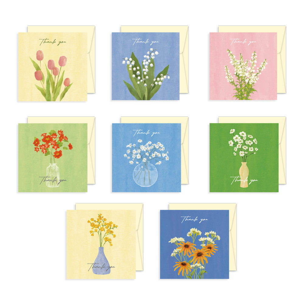 Monolike PAPER THINGS S, Olivia's Flowers 8P A SET - Greeting card, Folding card, Cards Assortment, Birthday, Thinking of You, 8 cards + 8envelopes, 100x100mm