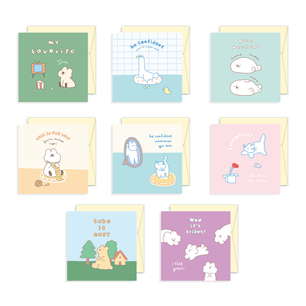 Monolike PAPER THINGS S, Storytown Afternoon 8P A SET - Greeting card, Folding card, Cards Assortment, Birthday, Thinking of You, 8 cards + 8envelopes, 100x100mm