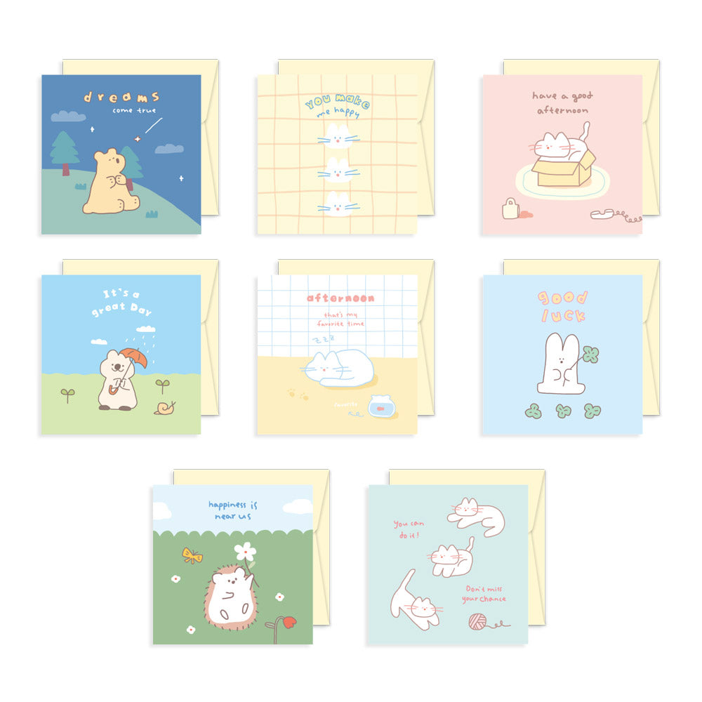 Monolike PAPER THINGS S, Storytown Afternoon 8P B SET - Greeting card, Folding card, Cards Assortment, Birthday, Thinking of You, 8 cards + 8envelopes, 100x100mm…