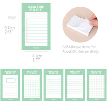 Load image into Gallery viewer, Monolike Basic Line Green Sticky-it - 6p Set Self-Adhesive Memo Pad 50 Sheets

