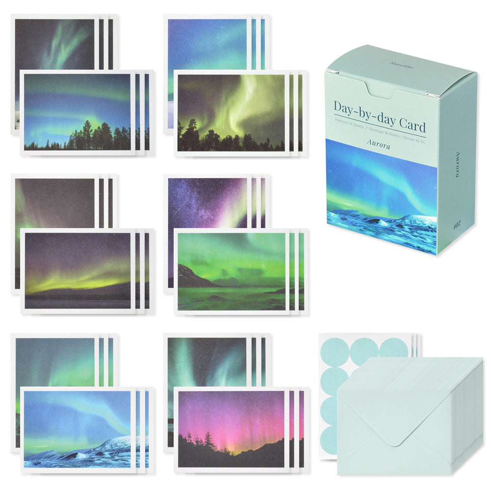 Monolike Day-by-day Card, Aurora - Mix 36 Mini Postcards, 36 envelopes, 36 stickers Package