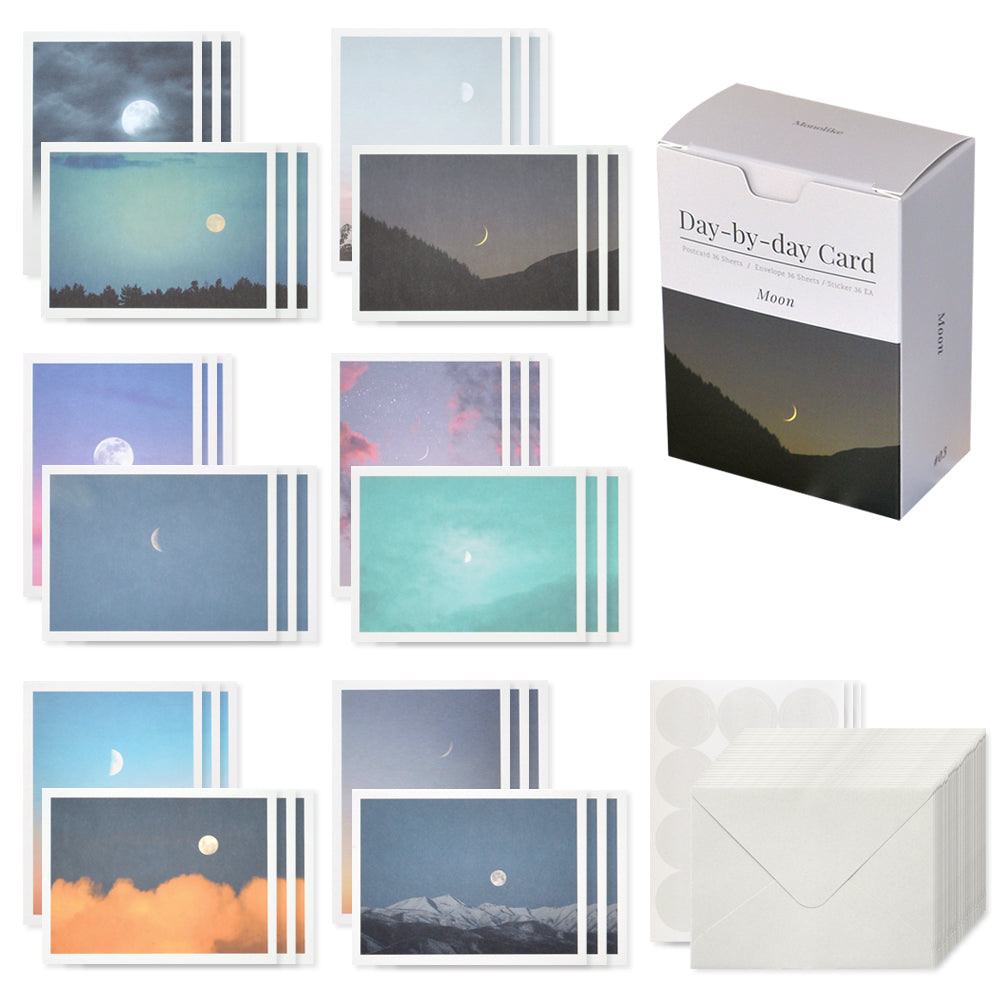 Monolike Day-by-day Card, Moon - Mix 36 Mini Postcards, 36 envelopes, 36 stickers Package