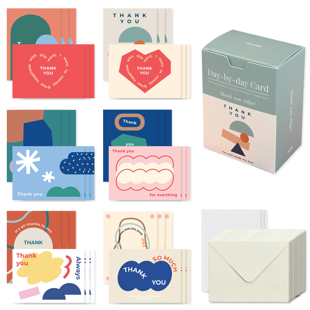 Monolike Day-by-day Card, Thank you-Objet - Mix 36 Mini Postcards, 36 envelopes, 36 stickers Package