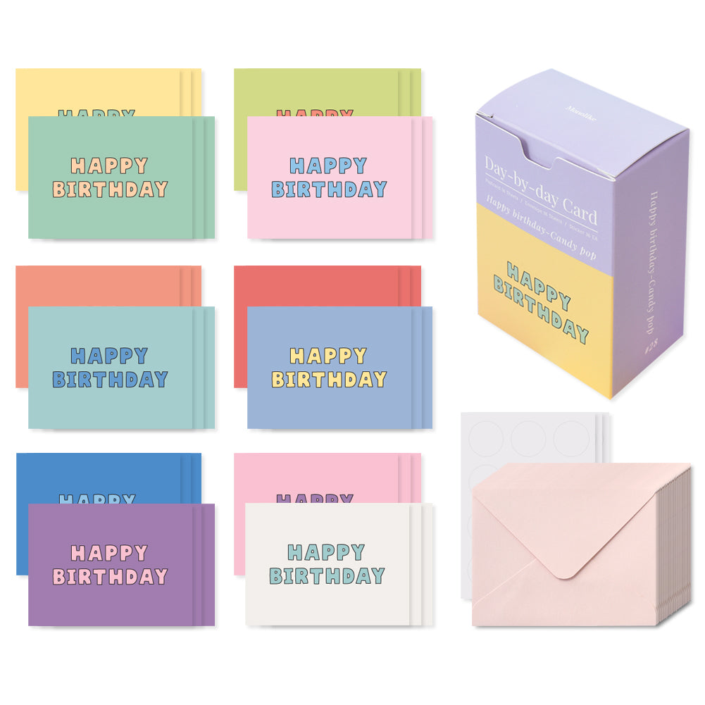 Monolike Day-by-day Card, Happy birthday-Candy pop - Mix 36 Mini Postcards, 36 envelopes, 36 stickers Package