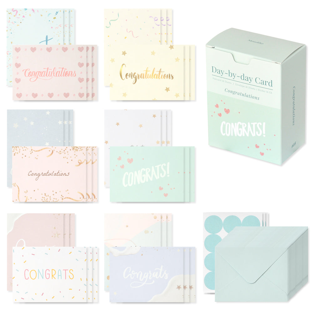 Monolike Day-by-day Card, Congratulations - Mix 36 Mini Postcards, 36 envelopes, 36 stickers Package
