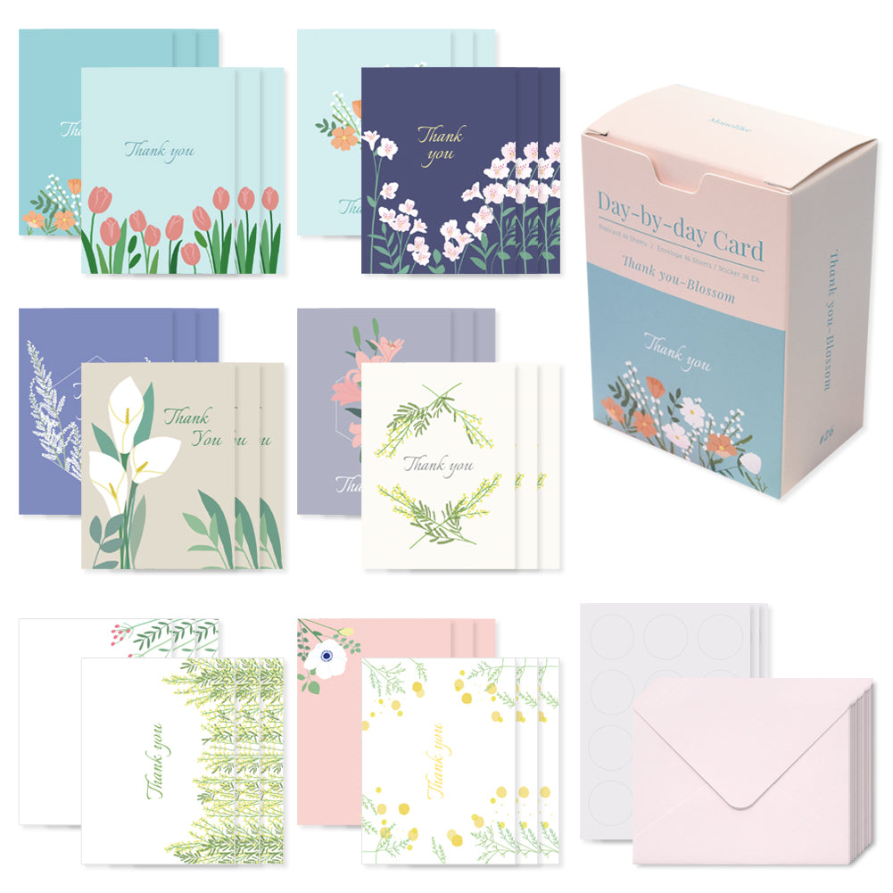Monolike Day-by-day Card, Thank you-Blossom - Mix 36 Mini Postcards, 36 envelopes, 36 stickers Package