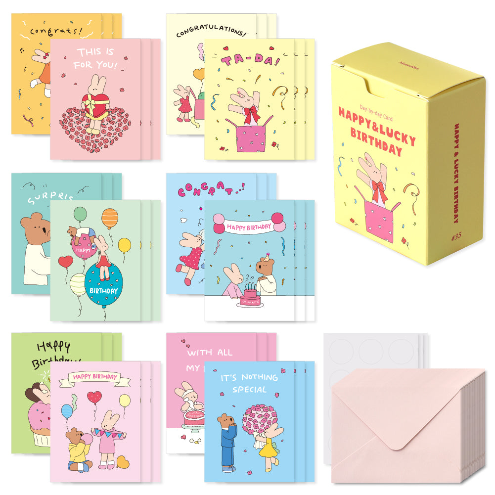 Monolike Day-by-day Card, Happy and Lucky Birthday - Mix 36 Mini Postcards, 36 envelopes, 36 stickers Package