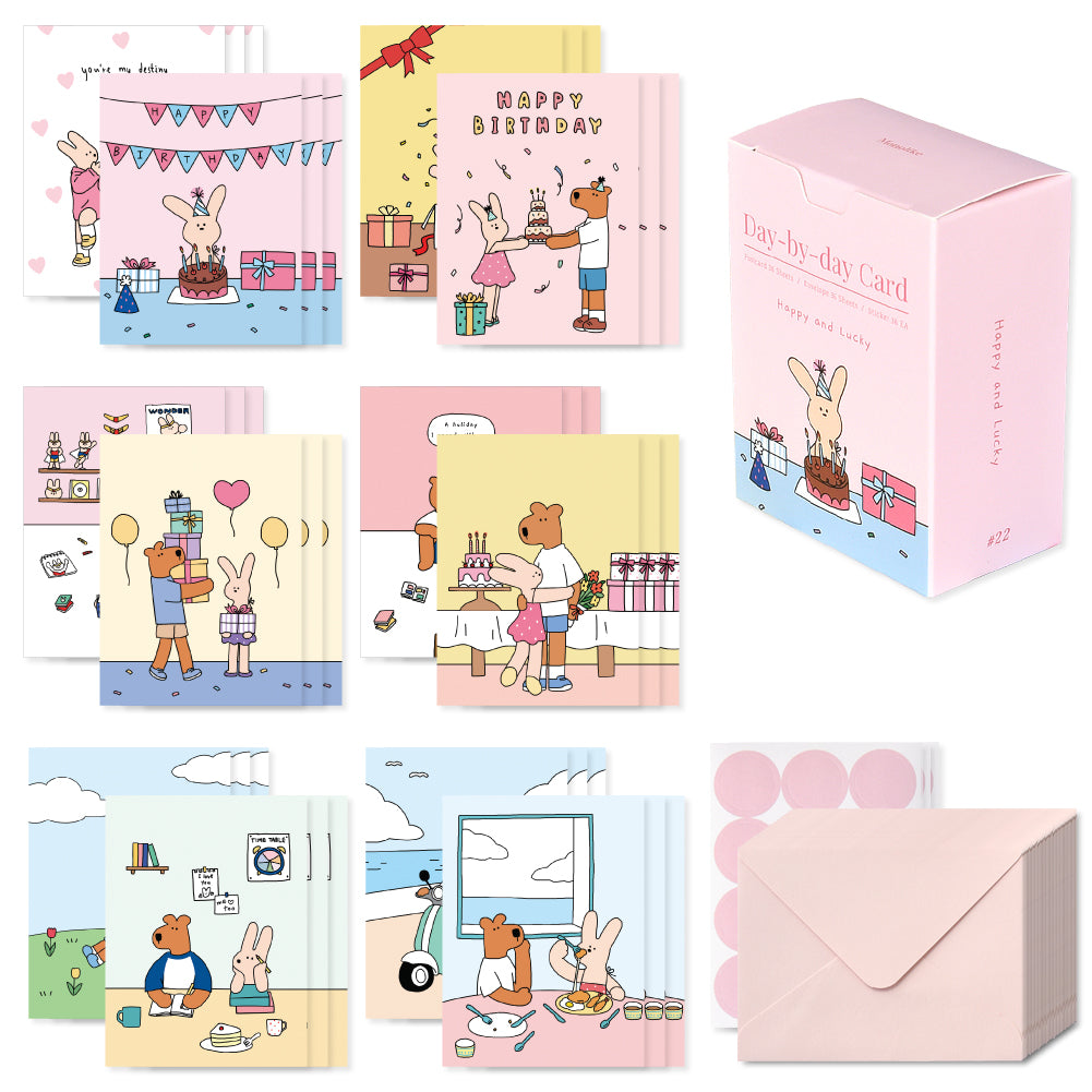 Monolike Day-by-day Card, Happy and Lucky - Mix 36 Mini Postcards, 36 envelopes, 36 stickers Package