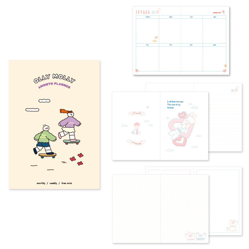 Monolike B6 Olly Molly Diary 6 Month Planner, Skateboard Coloring - Academic Planner, Weekly & Monthly Planner, Scheduler