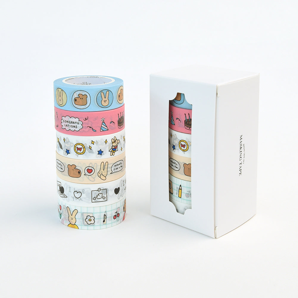Monolike Happy and Lucky 6 Rolls Design Washi Tape SET, 15mm Decorative Masking Tape, DIY Craft Scrapbooking Gift Wrapping Planner
