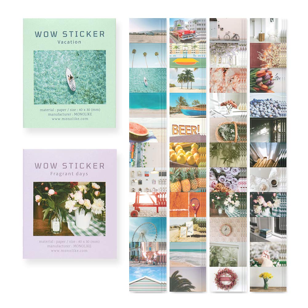 Monolike Wow Sticker Vacation + Fragrant days Set - Mini Size Cute Stickers, Square Stickers