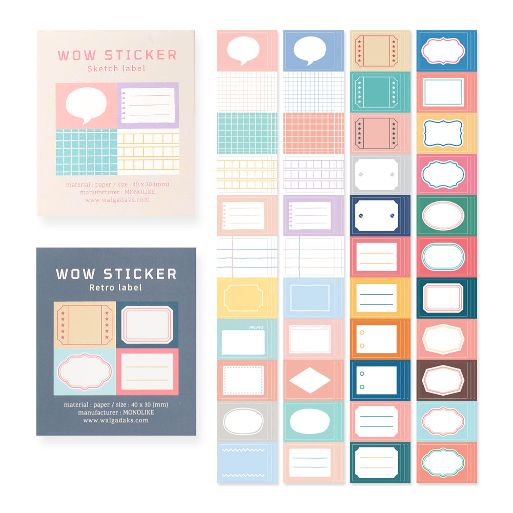 Monolike Wow Sticker Sketch label + Retro label set - Mini size cute stickers, square stickers