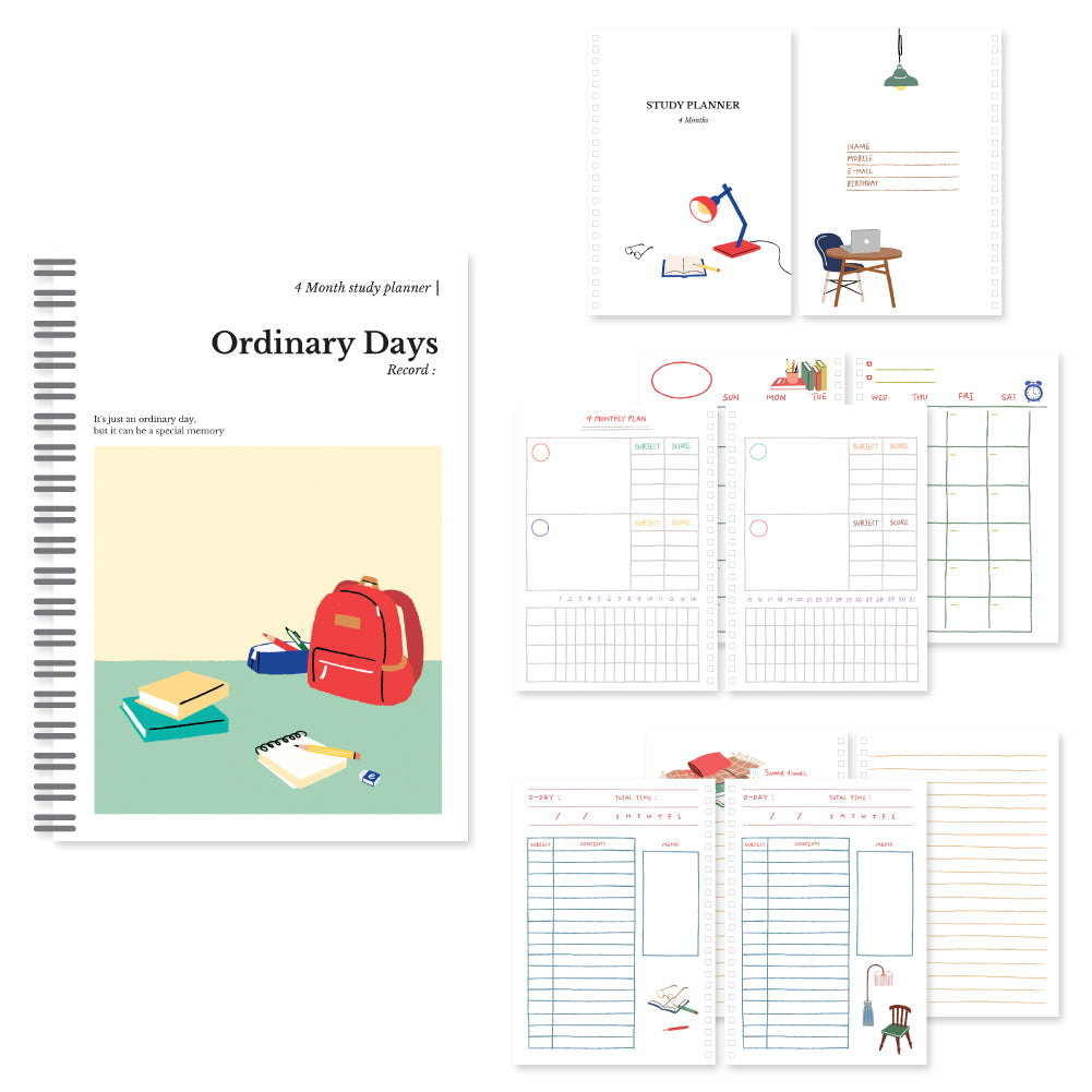 Monolike Ordinary days 4 Month Study Planner, School bag - Academic Planner, Weekly & Monthly Planner, Study plan