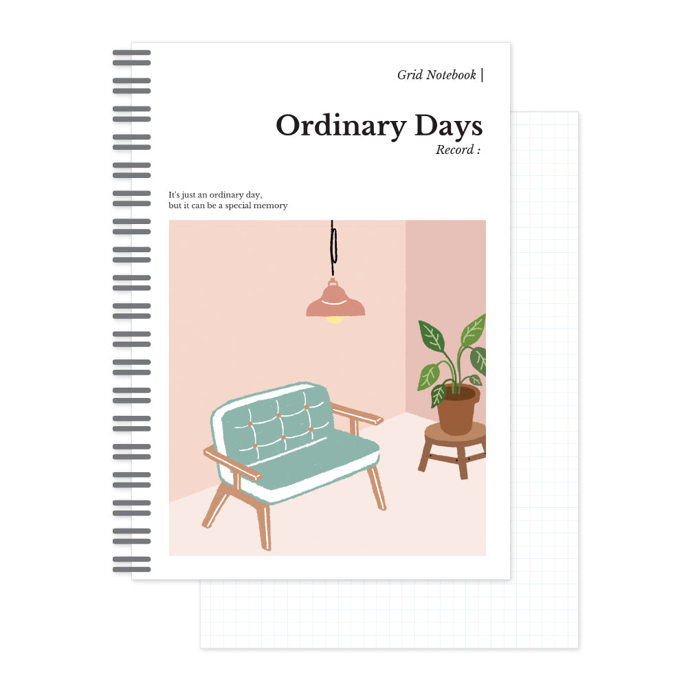 Monolike Ordinary days Grid Spiral Notebook, Living room - Hardcover 5.83 x 8.27inch 128 Page