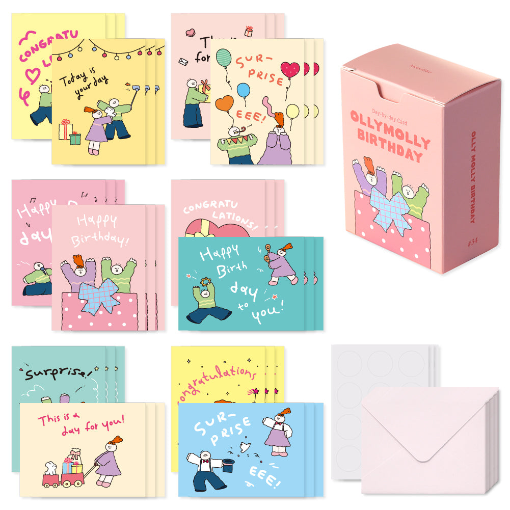 Monolike Day-by-day Card, Olly Molly Birthday - Mix 36 Mini Postcards, 36 envelopes, 36 stickers Package