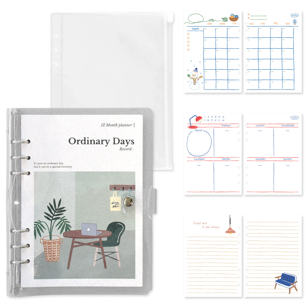 Monolike A5 Ordinary Days Diary Set, Green day - Academic Planner Weekly & Monthly Planner with PVC Cover, Zipper bag