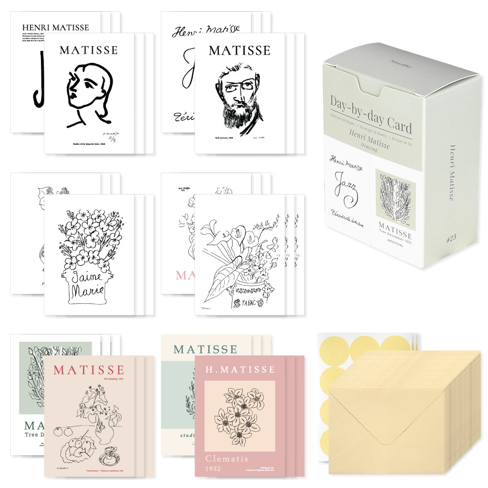 Monolike Day-by-day Card, Henri Matisse Drawing - Mix 36 Mini Postcards, 36 envelopes, 36 stickers Package