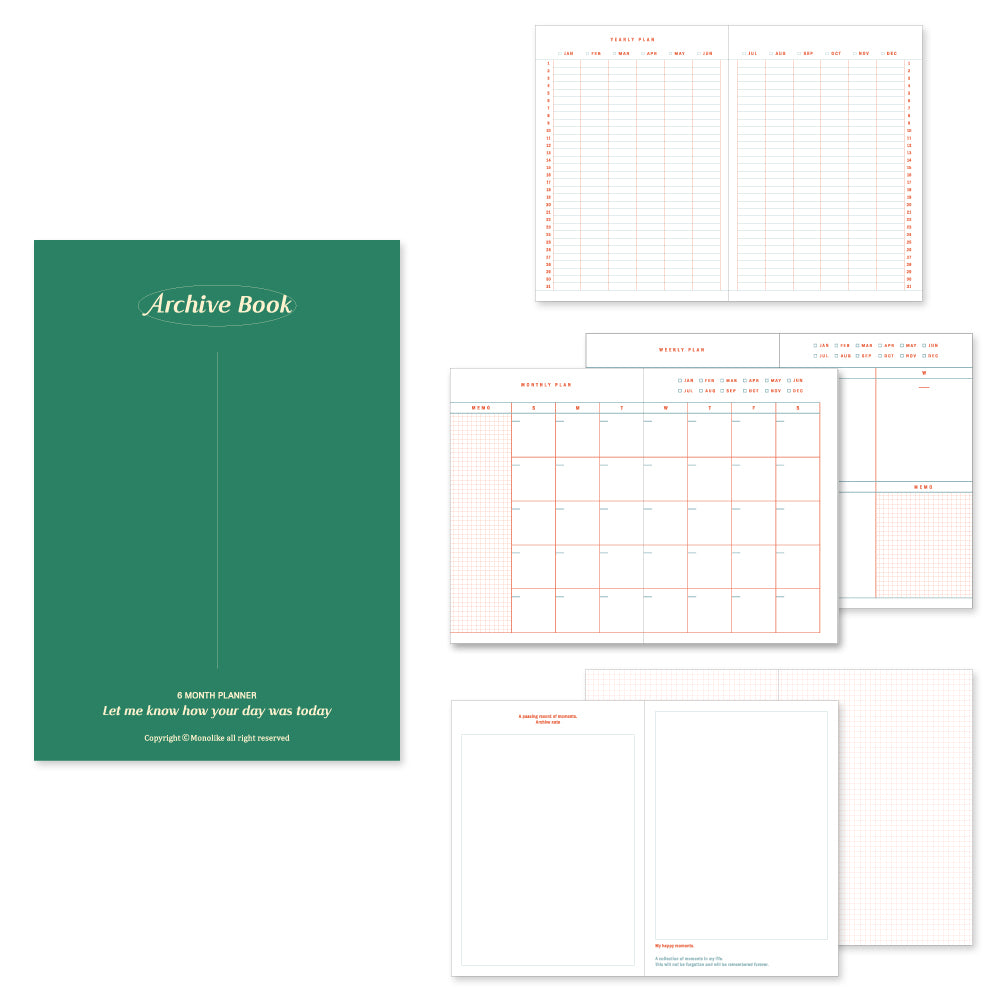 Monolike B6 Archive Diary 6 Month Planner, Green - Academic Planner, Weekly & Monthly Planner, Scheduler