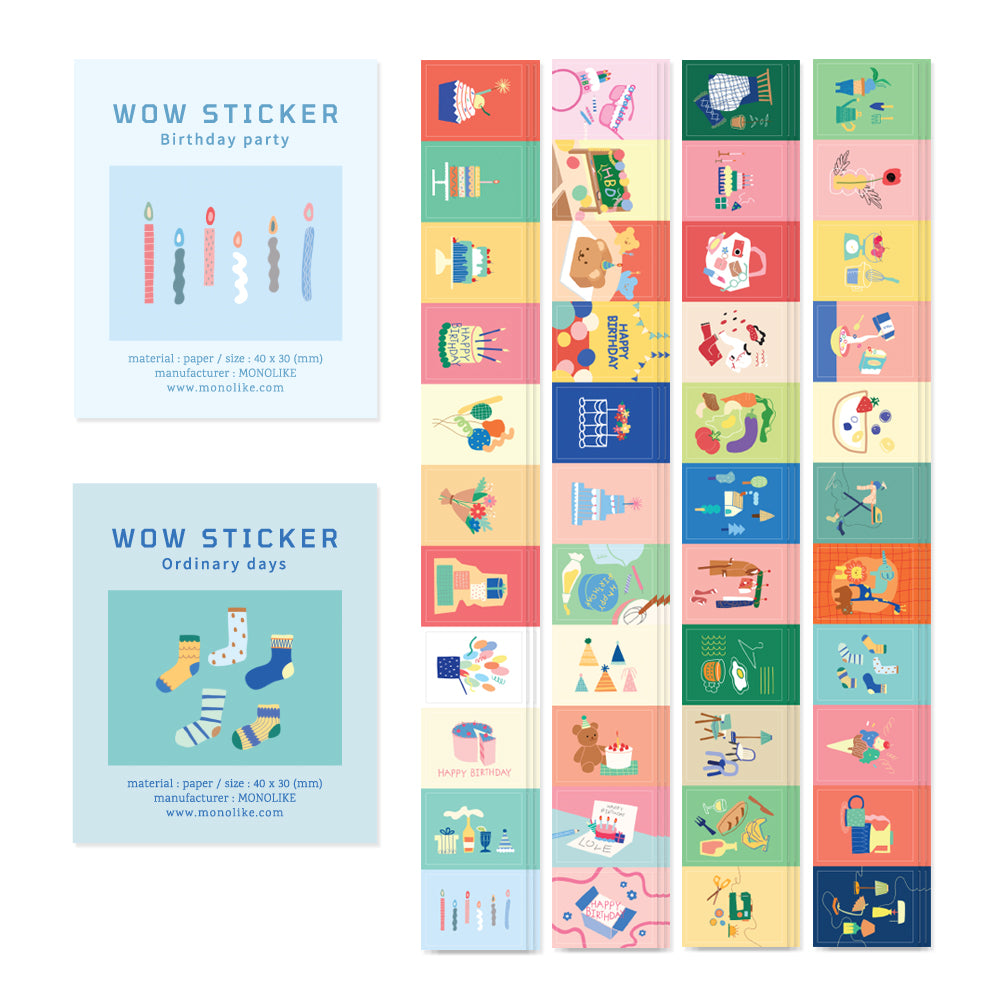 Monolike Wow Sticker Birthday party + Ordinary days Set - Mini Size Cute Stickers, Square Stickers