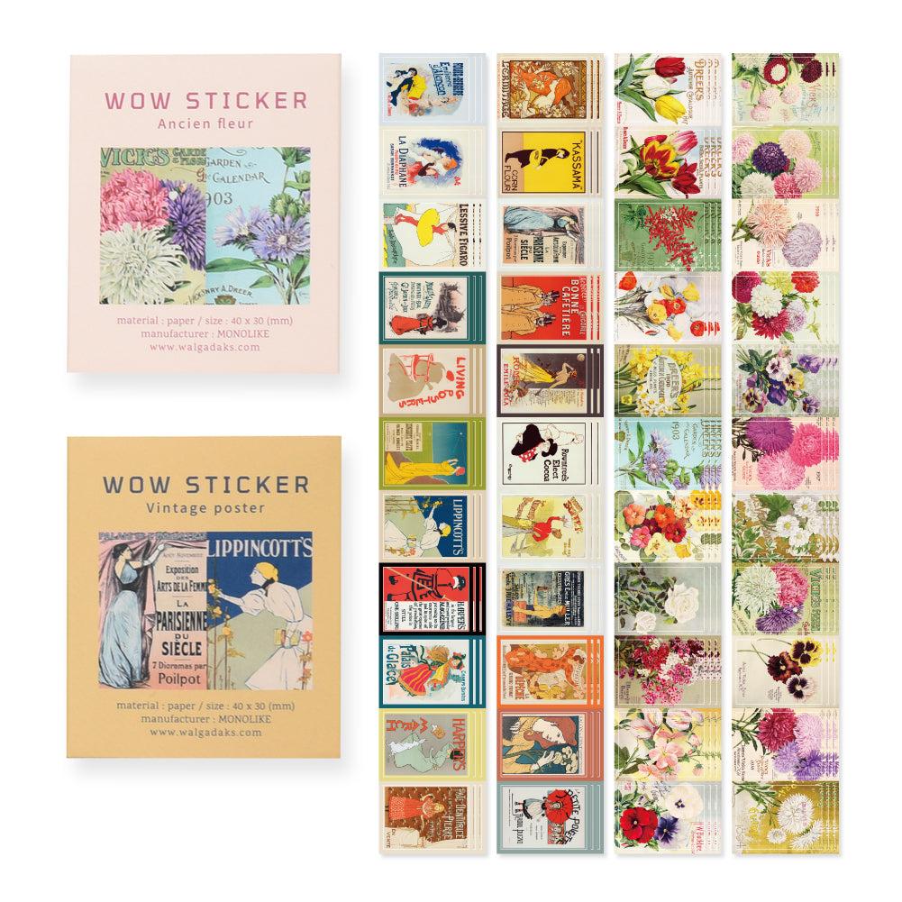 Monolike Wow Sticker Ancien fleur + Vintage poster set - Mini Size Cute Stickers, Square Stickers