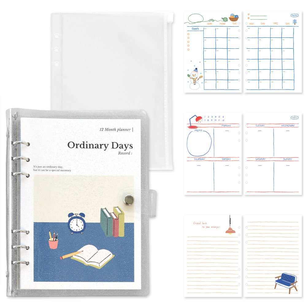 Monolike A5 Ordinary Days Diary Set, Desk - Academic Planner Weekly & Monthly Planner with PVC Cover, Zipper bag