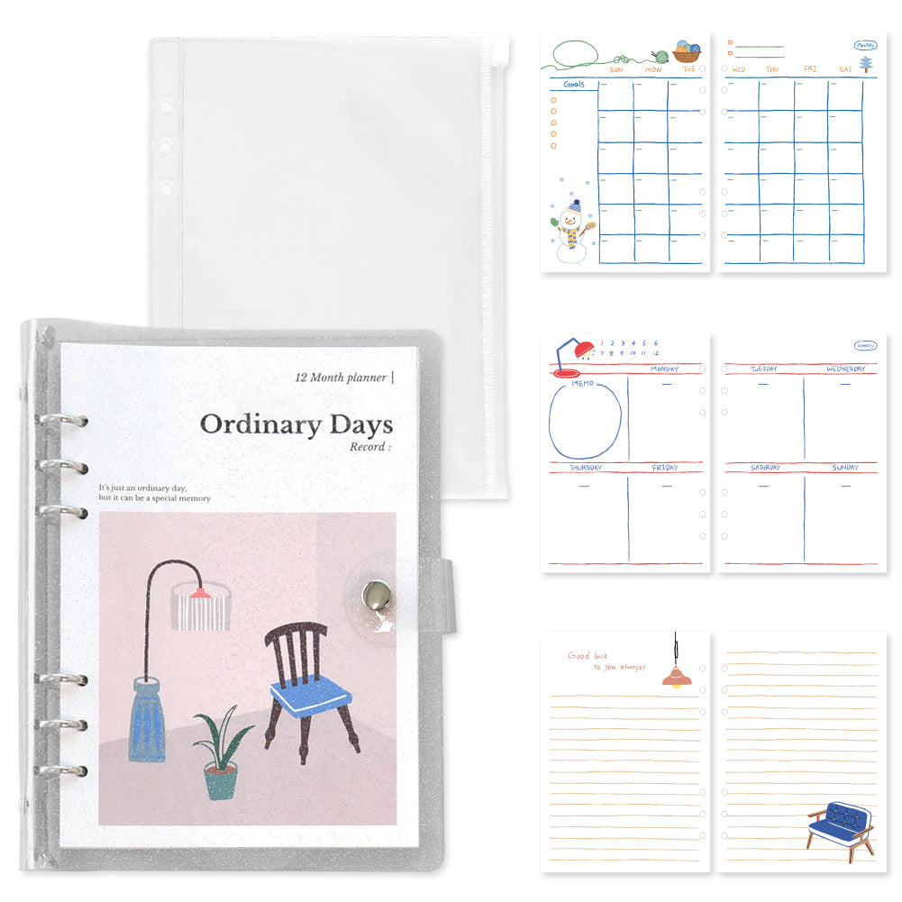 Monolike A5 Ordinary Days Diary Set, Sweet home - Academic Planner Weekly & Monthly Planner with PVC Cover, Zipper bag