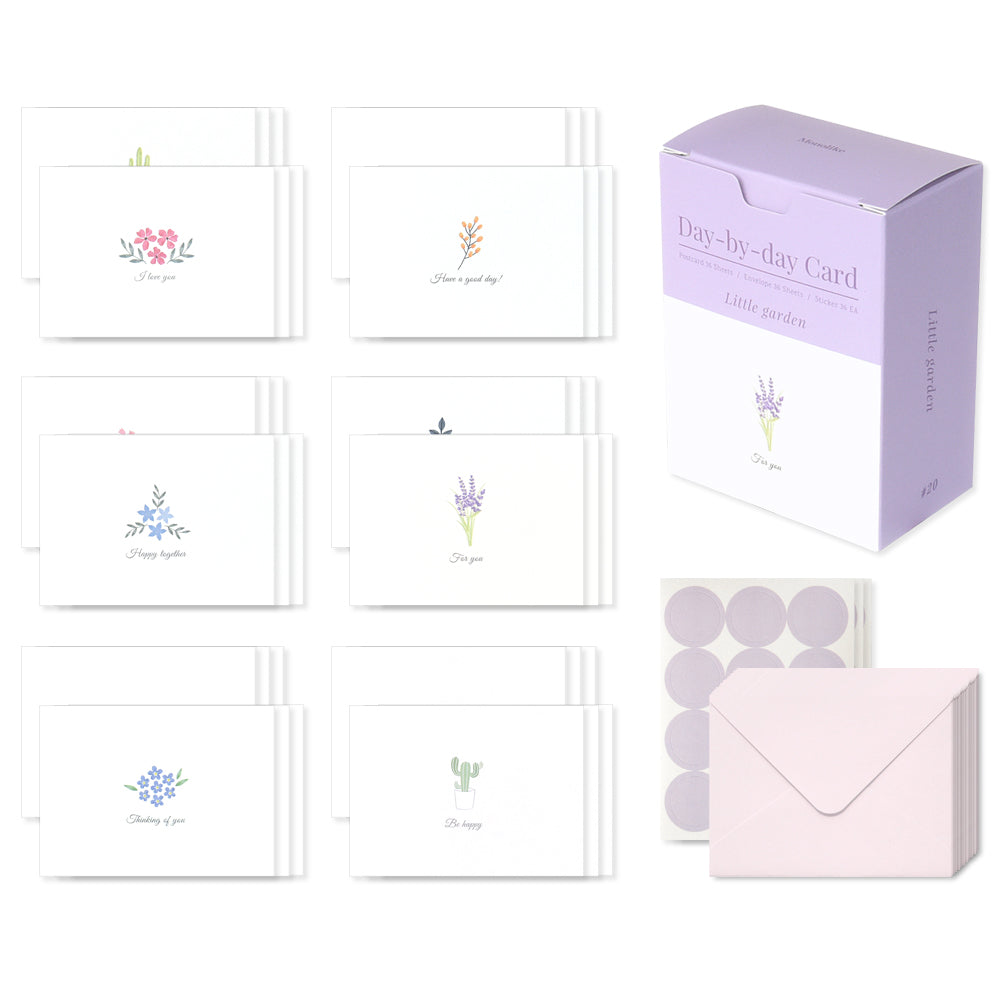 Monolike Day-by-day Card, Little garden - Mix 36 Mini Postcards, 36 envelopes, 36 stickers Package